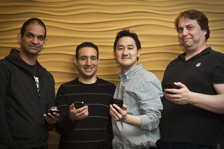 Members of the Microsoft Research and Windows Phone 7 teams that collaborated to produce the virtual keyboard for Windows Phone 7 (from left): Asela Gunawardana, Itai Almog, Tim Paek, and Eric Badger.