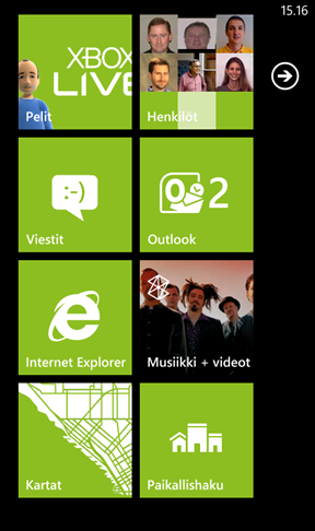 A view of the Start screen in Finnish, one of the 17 new display languages coming in Mango for Windows Phone