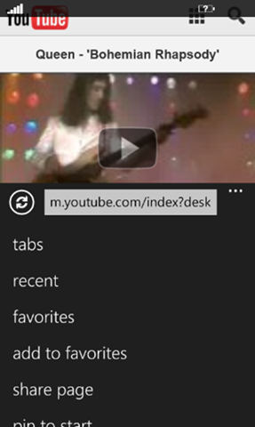 Favorites and tabs controls are now located in the menu in Internet Explorer 9 Mobile.