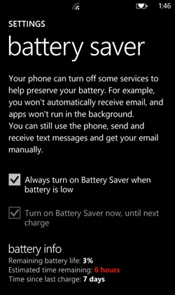 Battery Saver helps conserve power by switching off a few key background services. It also tells you roughly how much power you have left.