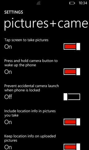 The Settings for Pictures + Camera include options for sharing, faster piture taking, and privacy.