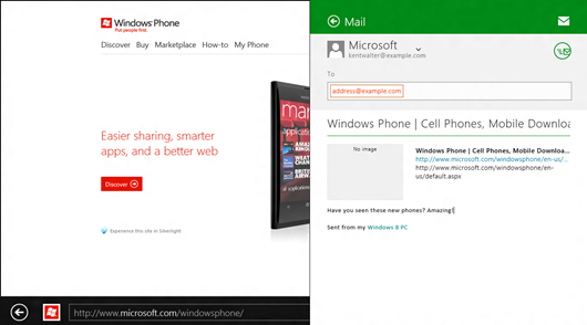 Sharing the Windows Phone website via Mail with the Share charm