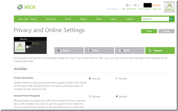On the Xbox website, you can tweak settings related to Xbox LIVE games. A few of these apply to the Games Hub on your child's Windows Phone.