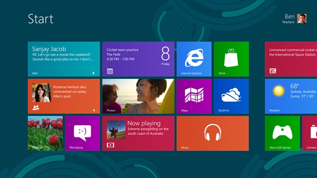 The Windows 8 Start screen, as it appears in the preview release.