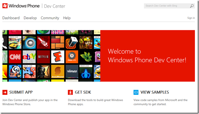 The Windows Phone Dev Center was designed to be easier on the eyes and easier to use. The homepage, shown here, sports a cleaner look than its predecessor and streamlined menus.