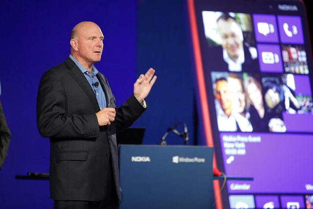 Microsoft CEO Steve Ballmer on stage in New York City at the unveiling of the Nokia Lumia 820 and 920.