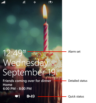 Lock screen with callouts showing alarm status, detailed status, and quick status icons.