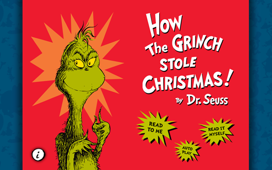 Menu page for the How the Grinch Stole Christmas app