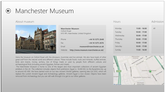 Shows a page for the Manchester Museum that includes info about the museum, a map, hours of operation, and admission prices.