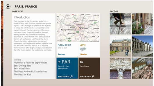 Shows a destination guide for Paris that includes a map, weather, currency info, and photos.