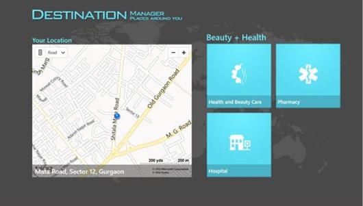 The homepage in the Destination Manager app that shows the current location and lists categories of places.
