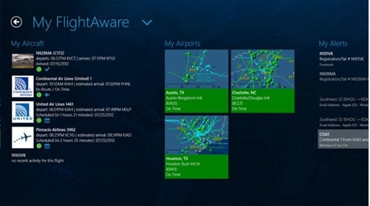The homepage in the FlightAware app that includes airports, planes, and alerts.