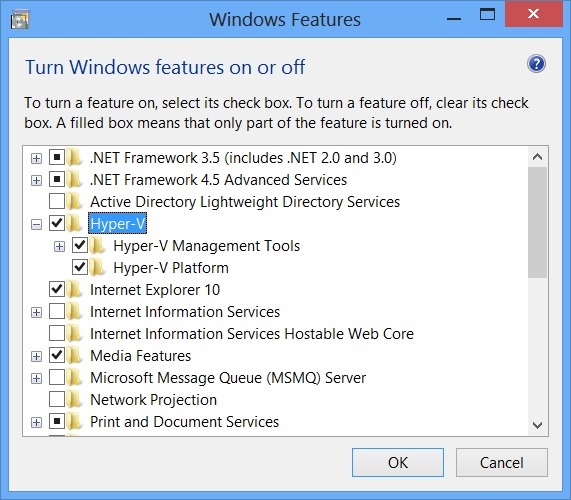 Hyper-V Turn Windows features on or off