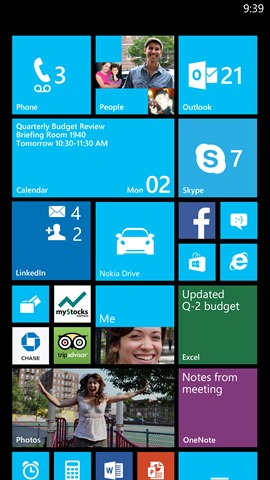 A Start screen with room for as many as six Live Tiles side by side.  Windows Phone 8 Update 3 paves the way for larger Start screens like this on future Windows Phone devices with 5- and 6-inch touch screens.
