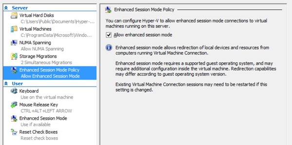 Client Hyper-V Settings Enhanced Session Mode Policy