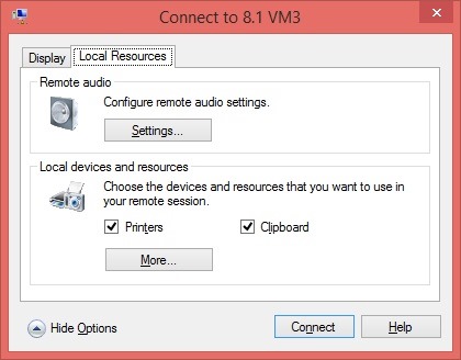 VM Connect Settings Local Resources Dialog Only