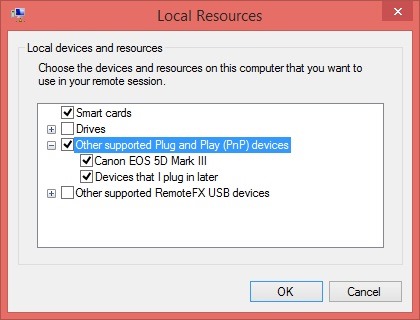 VM Connect Settings Local Resources Other Tree