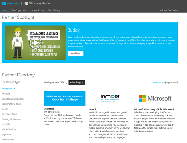 Windows Store Partner Directory home page