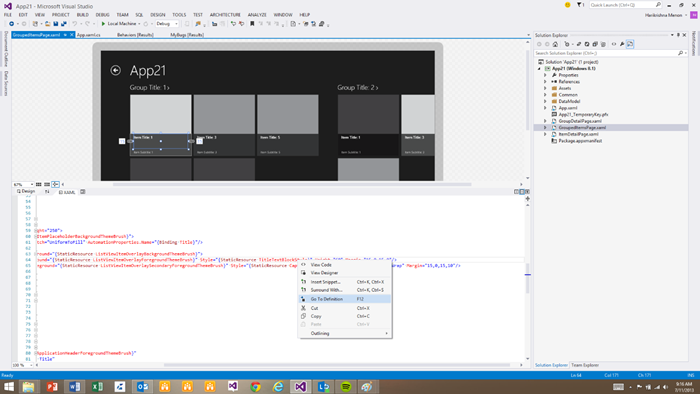 The Go To Definition command appears on the context menu when right-clicking a resource in the XAML editor.