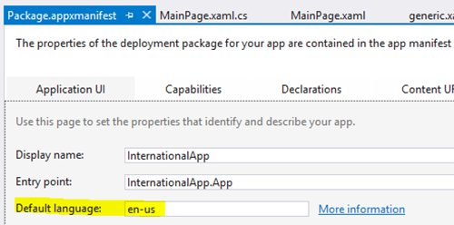 The Visual Studio manifest editor showing the default language