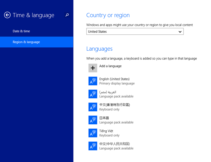 The PC settings app showing language selection