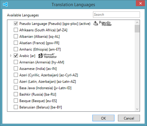 Languages dialog from the Multilanguage app toolkit