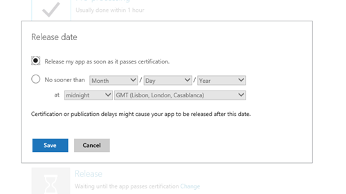 Screen shot of the Release date options, where you can choose to release after certification is complete or specify a timeframe