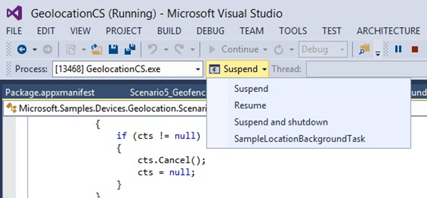 Screen shot of the Suspend menu in Visual Studio, showing how to trigger a background task.