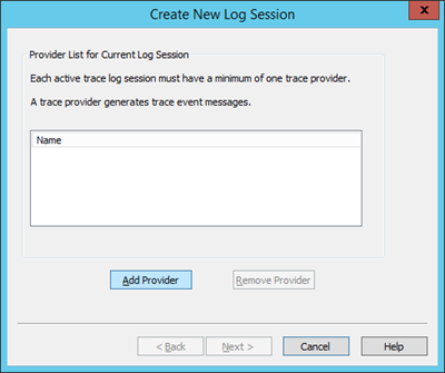 Screen shot of Create New Log Session dialog box.