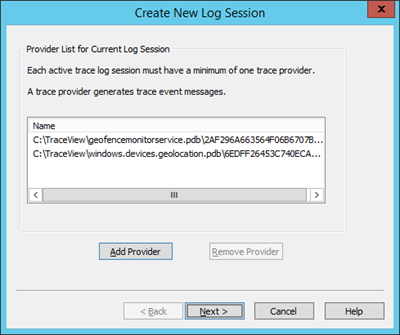 Screen shot of Create New Log Session dialog box showing GeofenceMonitorService.