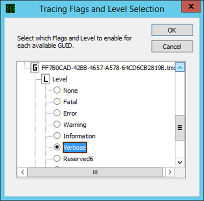 Screen shot of the Tracing Flags and Level Selection dialog box with Verbose option selected.