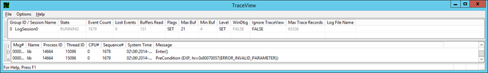 Screen shot of TraceView window with trace info following use of invalid value.
