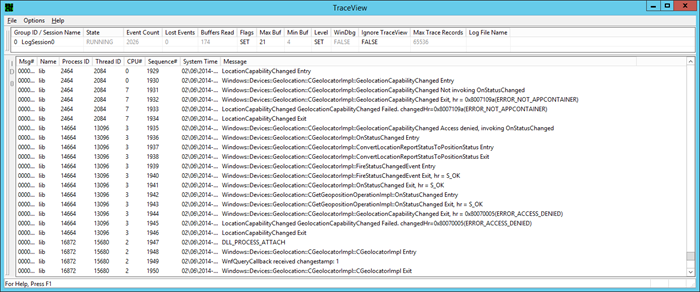 Screen shot of TraceView window with trace info following a change in location permissions.