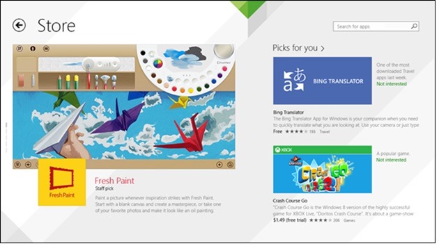 Screen shot of the Windows Store site, featuring a hub control for navigation.