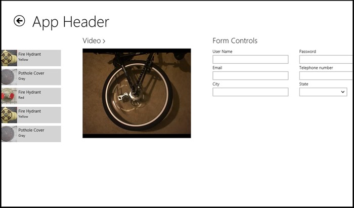Example of layout of zoomed-in view of the hub sample app, showing the Video section.