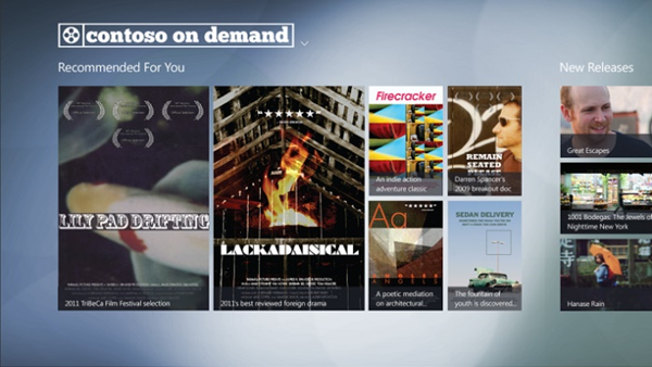 Screen shot of fictitious "contoso on demand" website demonstrating variety in size and spacing of tiles.