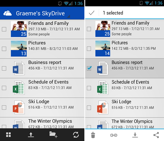 SkyDrive for Android with files and folders view and file selected view