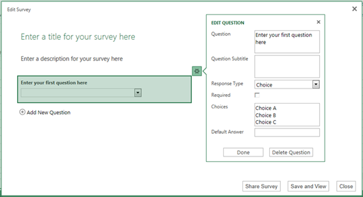 Dialog box shows how to enter a title for your Excel survey.