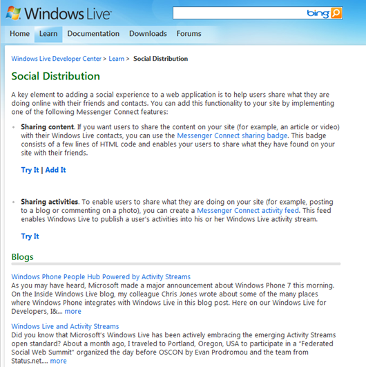 Learn at the Windows Live Developer Center