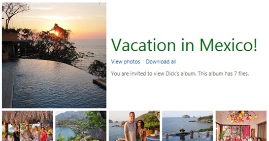 Six images arranged around the headline "Vacation in Mexico!" with options: View photos / Download all / Your are invited to view Dick's album. This album has 7 files.