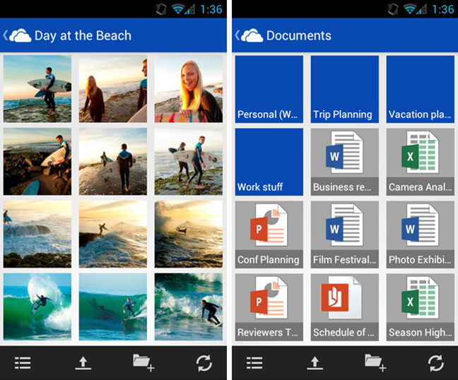 Photos and Documents views in SkyDrive for Android app