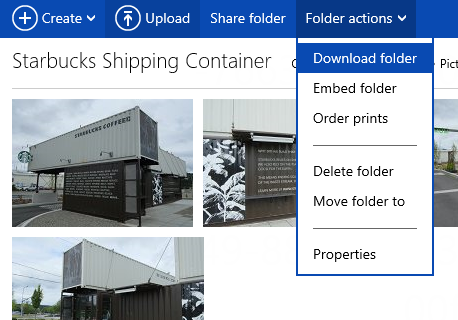 SkyDrive folder actions dropdown: Download folder, Embed folder, Order prints, Delete folder, Move folder to, Properties