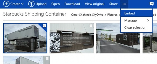 SkyDrive file actions dropdown: Embed, Manage, Clear selection