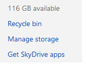 Menu that shows space available, recycle bin, manage storage, and link to get SkyDrive apps.