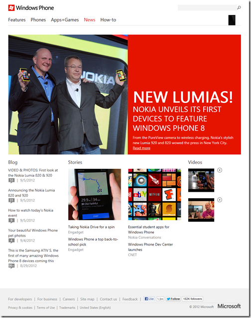 The new News section of the official Windows Phone website.