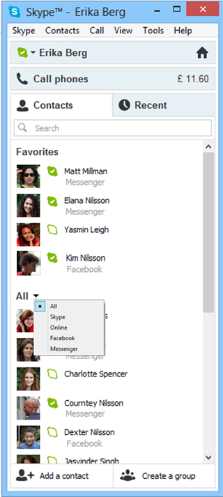 Skype contact list with menu to filter by Skype, Online, Facebook, or Messenger contacts