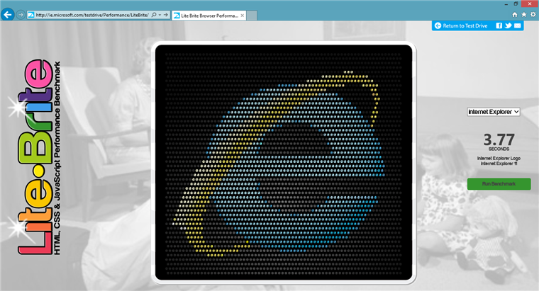 Check out the LiteBrite test drive demo to test your browser’s layout and rendering speed