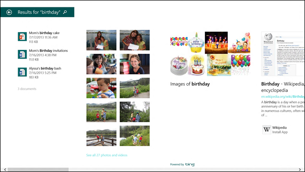 Search results for birthday include 3 files, images, and web results