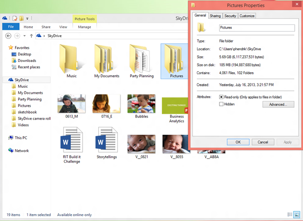 Properties for the Pictures folder in SkyDrive