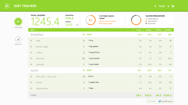 Bing Health & Fitness Diet Tracker